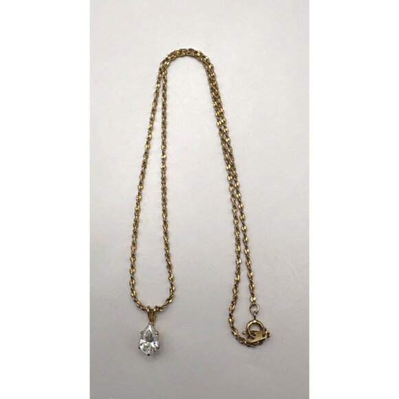 Gold Tone Necklace With Pear Cut Rhinestone Pendant Elegant - Picture 6 of 6